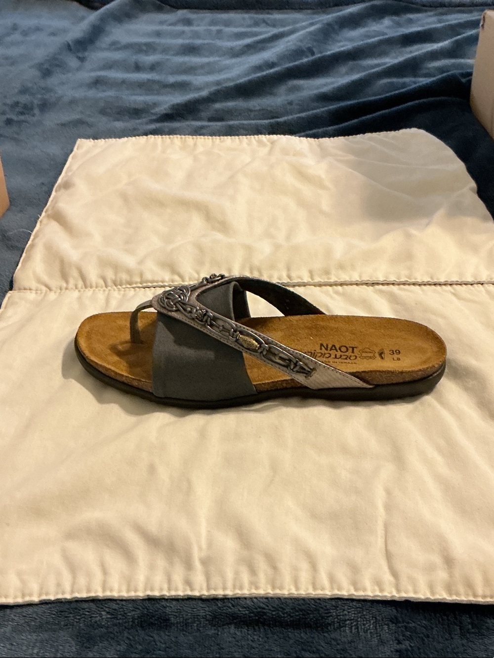 Naot Gray Leather Toe-Loop Sandal with Decorative Metallic Strap